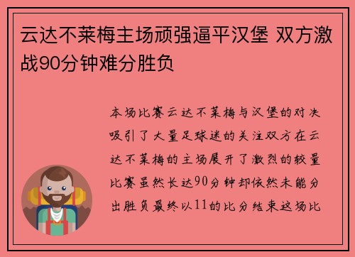 云达不莱梅主场顽强逼平汉堡 双方激战90分钟难分胜负