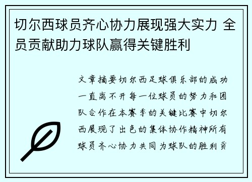 切尔西球员齐心协力展现强大实力 全员贡献助力球队赢得关键胜利