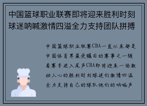 中国篮球职业联赛即将迎来胜利时刻球迷呐喊激情四溢全力支持团队拼搏