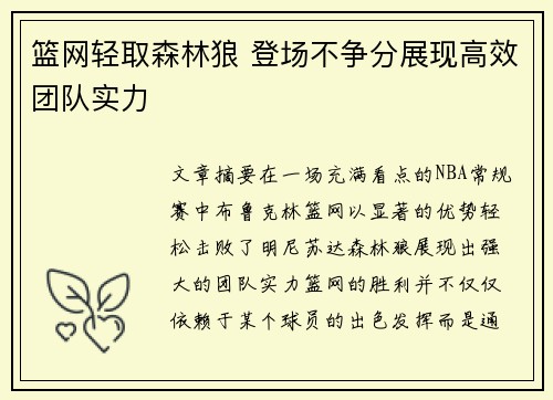 篮网轻取森林狼 登场不争分展现高效团队实力